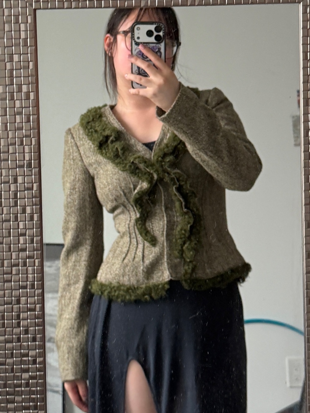 Alberta Ferretti Olive Green Ruffle-Trim Wool Blazer